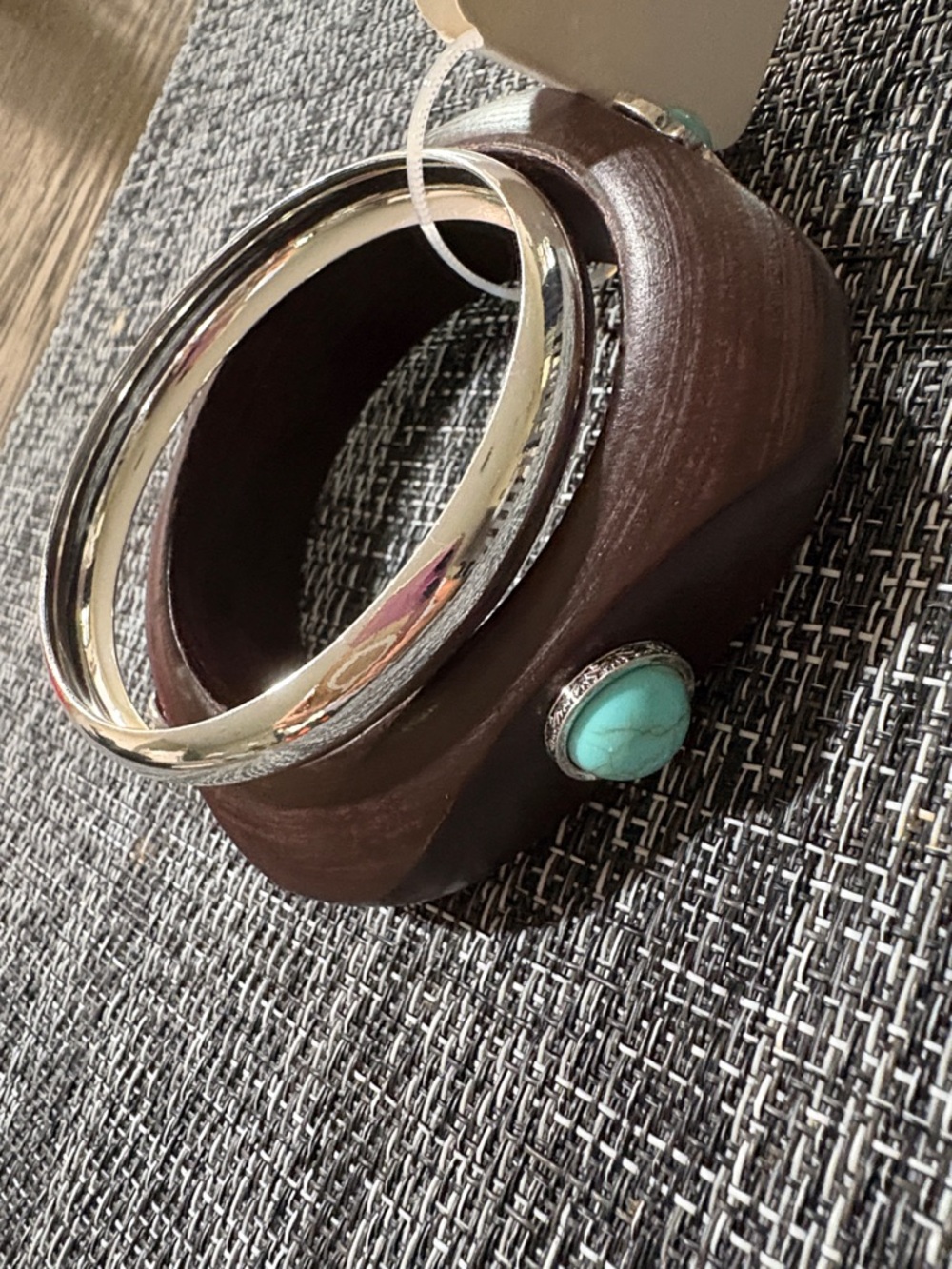 Turquoise Accent Brown Wood & Silver Bangle Set